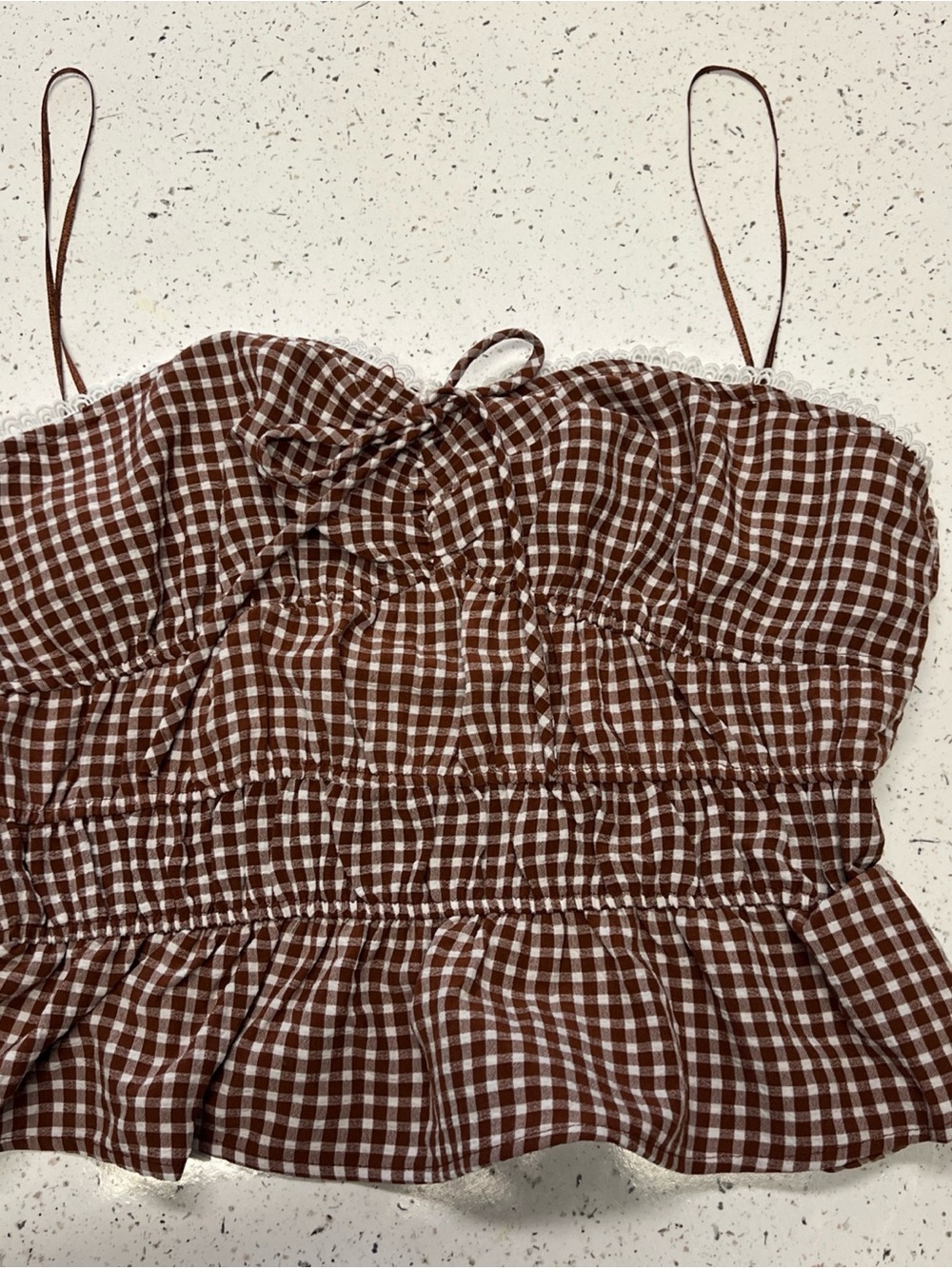 NWOT Sienna Sky Brown Gingham Cropped Strapless & Stretchy Top in Large